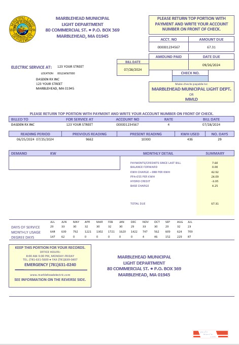 USA Marblehead Municipal Light Department business utility bill template in Word and PDF formats